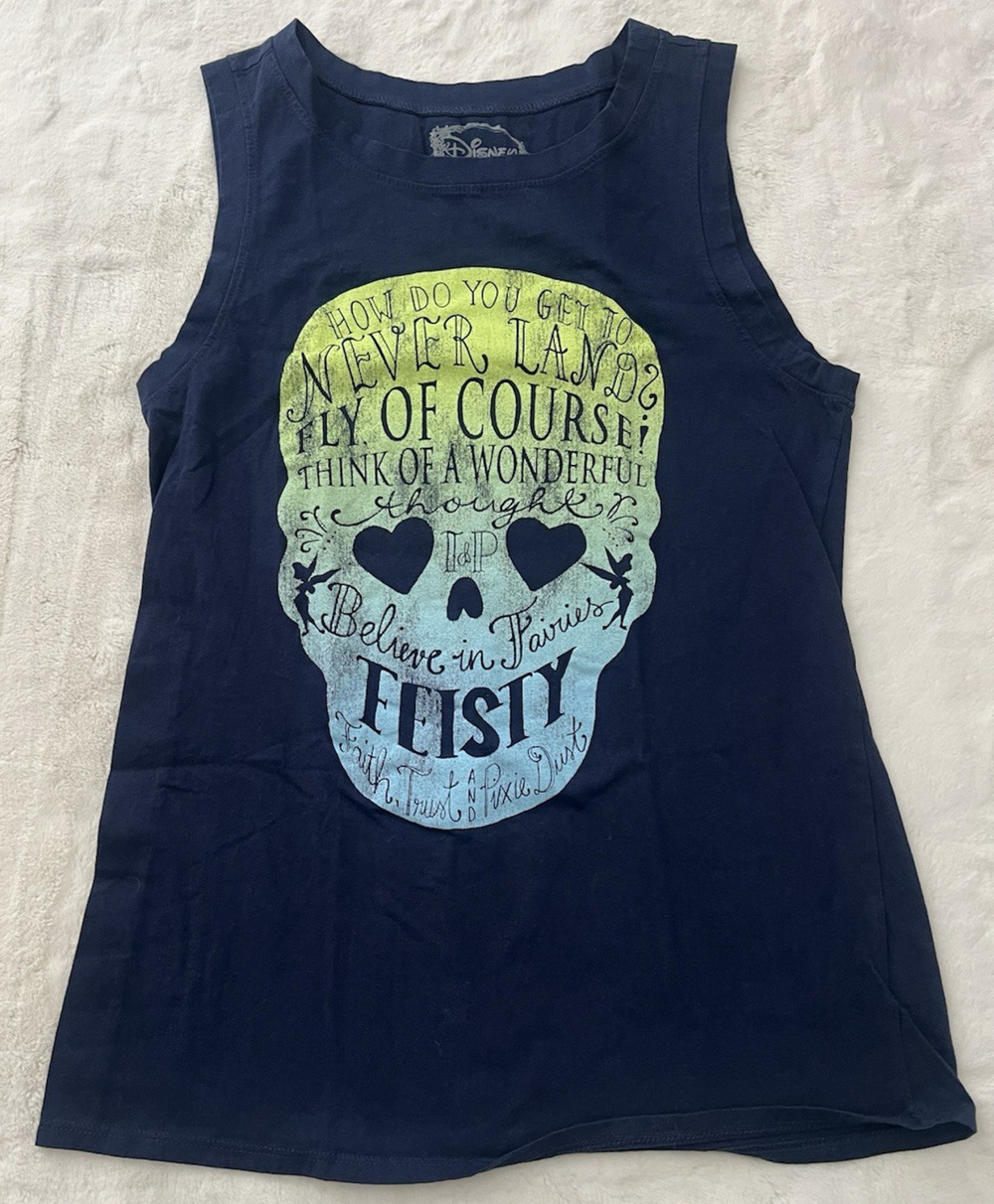 Disney Tinker Bell Womens Sz M Tank Top Navy Skull Never Land Fairy Graphic Tee